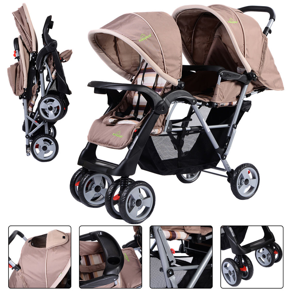 Foldable Twin Baby Double Stroller Kids Jogger Travel Infant Stroller Brown