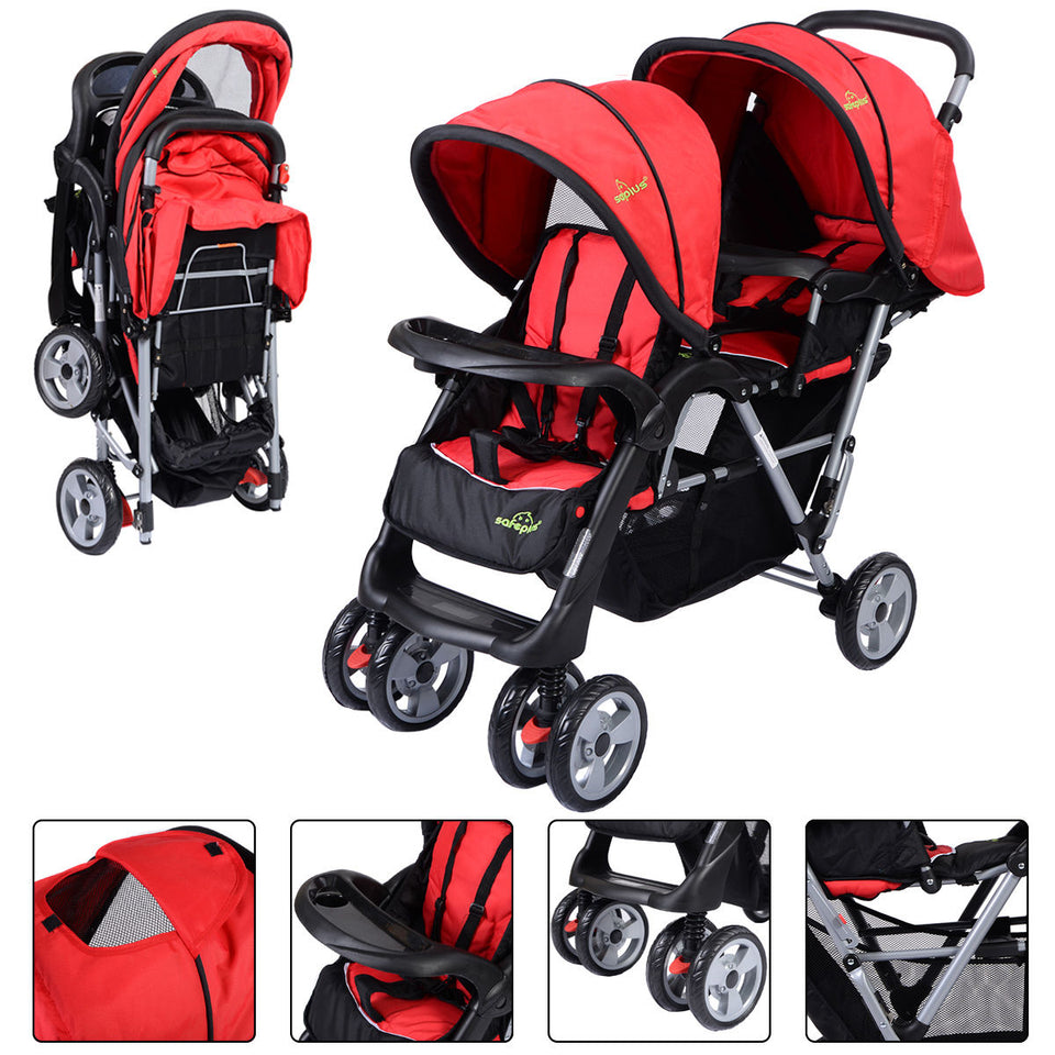 Foldable Twin Baby Double Stroller Kids Jogger Travel Infant Stroller Brown